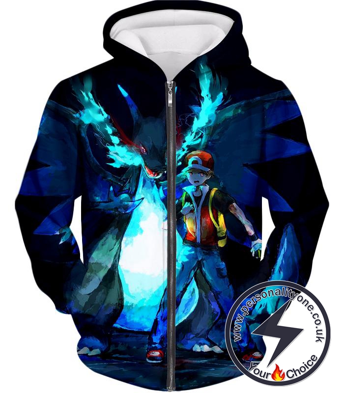 Pokemon Powerful Ash Charizard Mega Evolution Cool Action Zip Up Hoodie